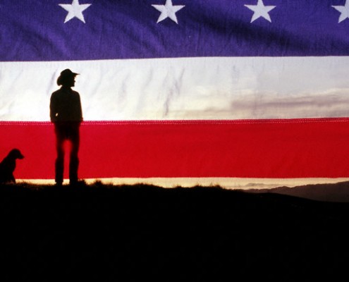 Cowboy and his dog watching an American flag on the horizon