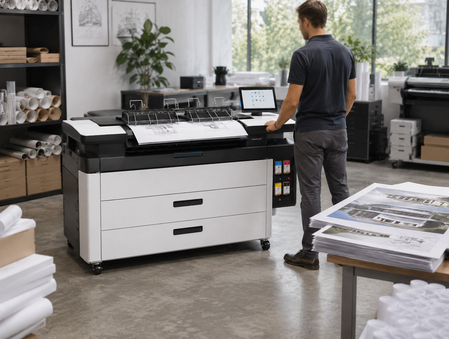 An operator working at an HP PageWide XL 4250 in a busy print room