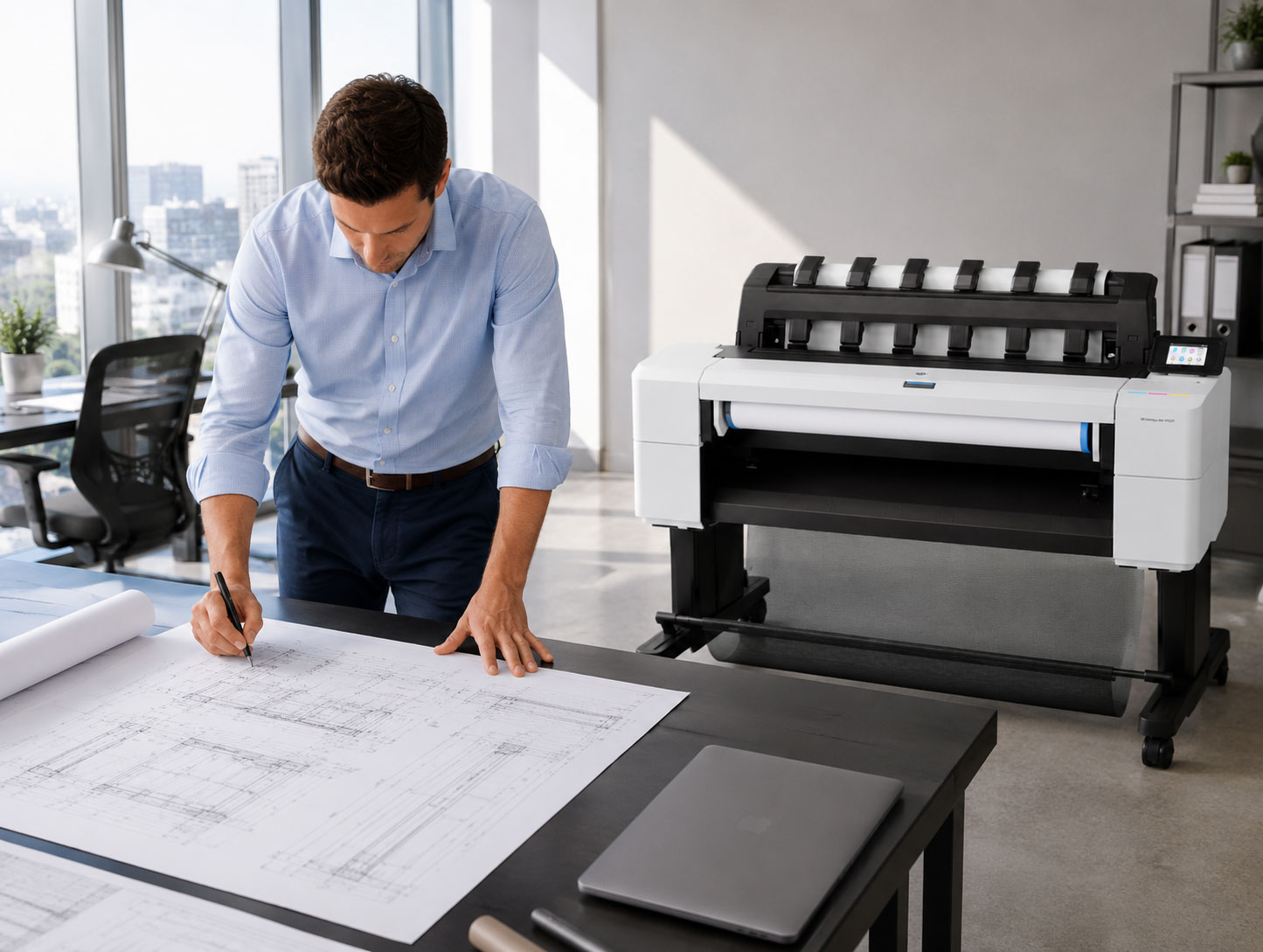 A man drawing on a large blueprint at a desk, with an HP DesignJet T2600 behind him