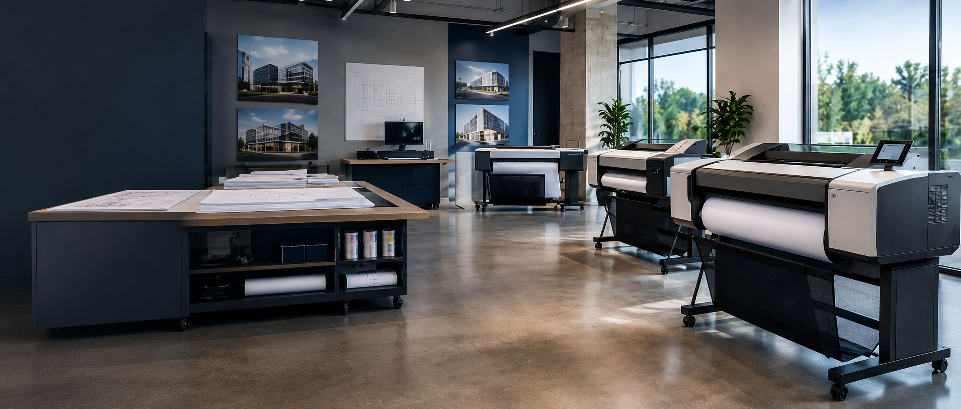 A Utah design office lined with wide format printers, rolled drawings on the drafting table and building renderings on the walls