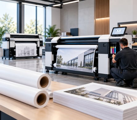 SBR technician servicing a large format printer with paper rolls and supplies