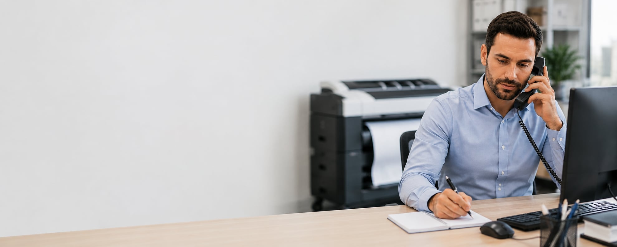 Print specialist on the phone at his desk beside a wide format printer