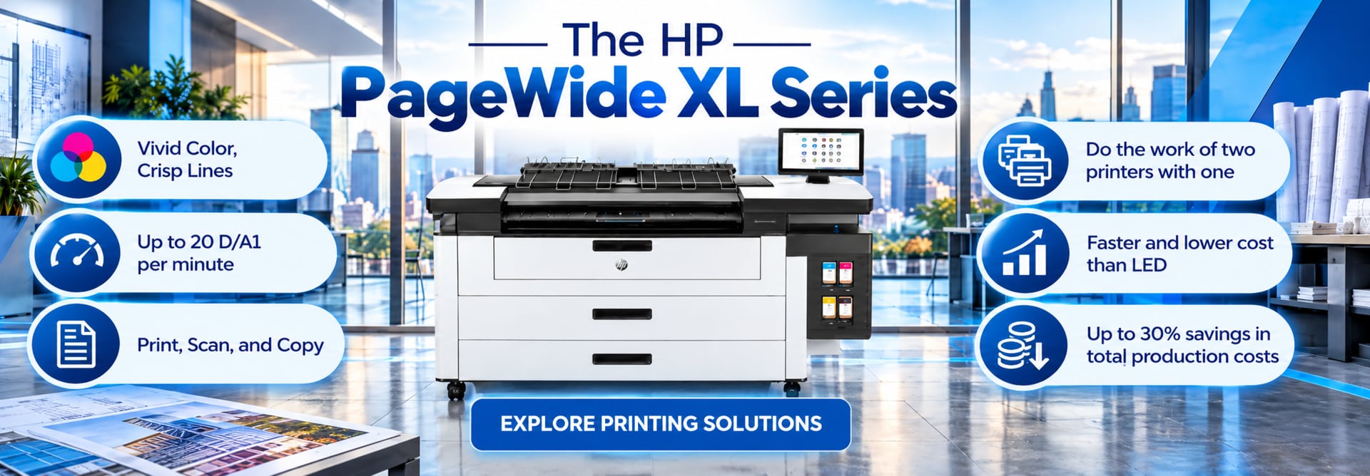 The HP PageWide XL Series: vivid color and crisp lines, up to 20 D/A1 per minute, print, scan and copy, does the work of two printers with one, faster and lower cost than LED, up to 30% savings in total production costs